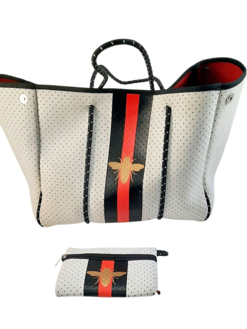 Parker & Hyde Black and White
Neoprene Bee Tote with Removable Wristlet Pouch.